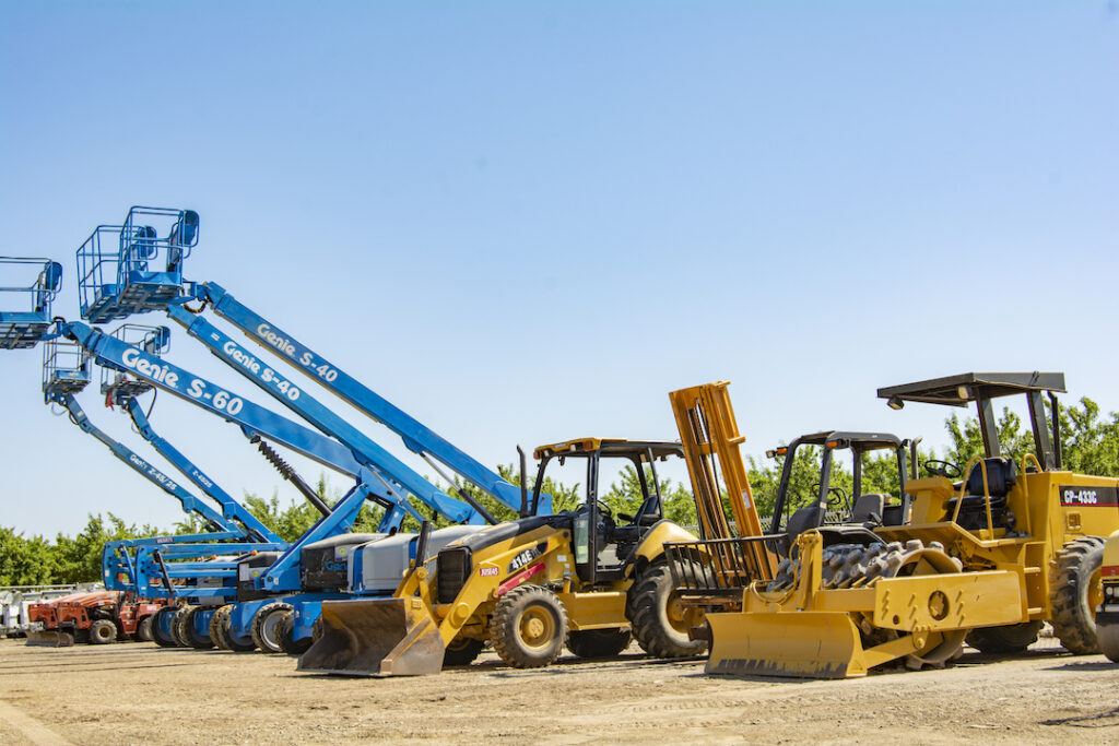 A view of a heavy equipment rental yard